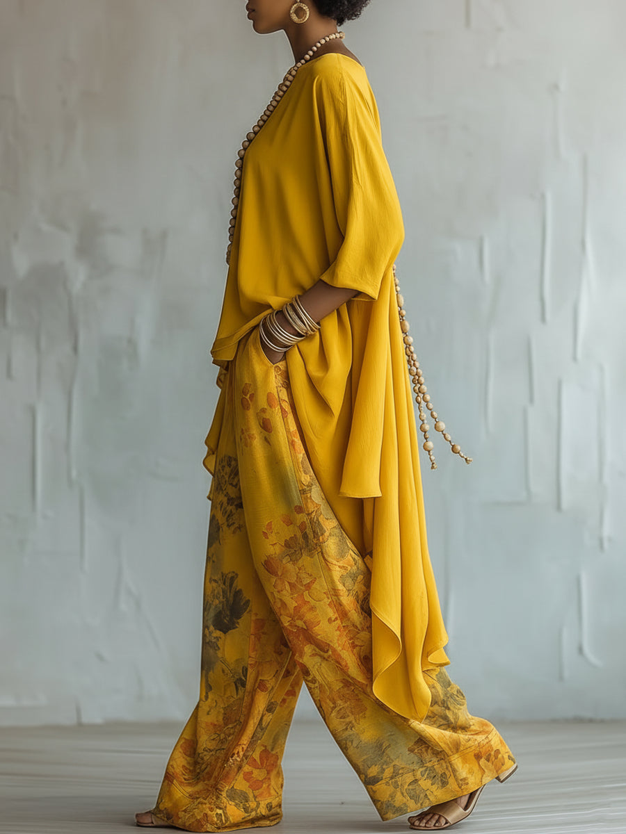 Conjunto de Pantalón Amarillo con corte asimétrico, pierna ancha y floral - Amarillo