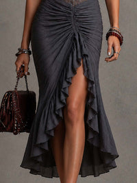 Vestido Midi Gris Oscuro con plisado y encaje - Gris Oscuro