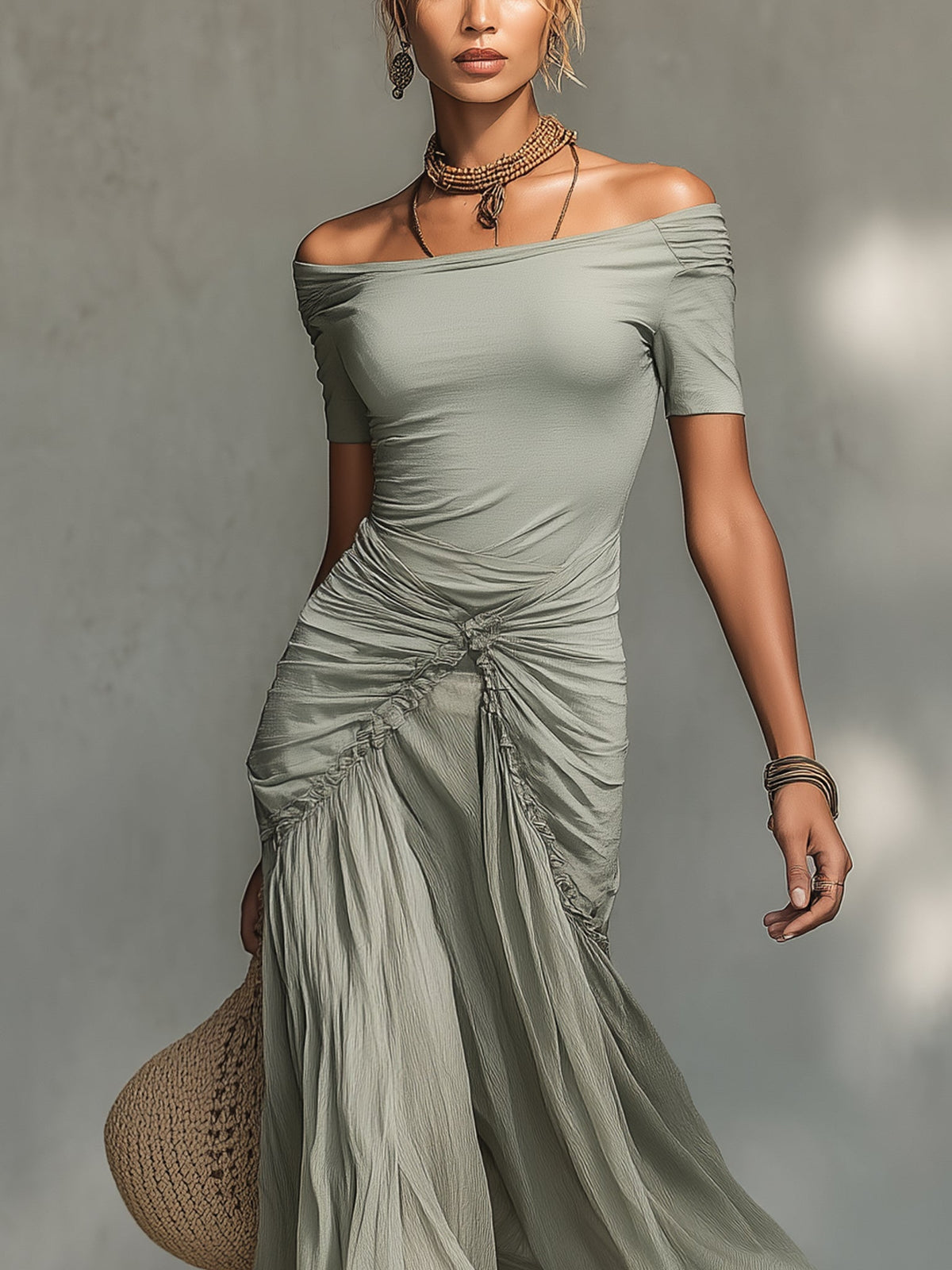 Vestido Largo Gris con gasa - Gris