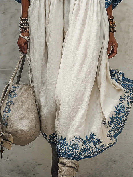 Vestido Estampado Corte Holgado con escote redondo y estampado - Blanco