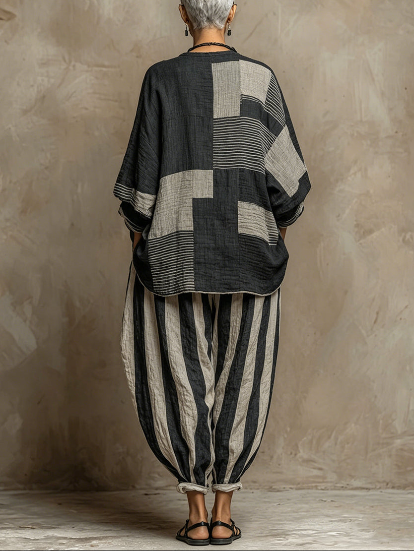 Conjunto de Pantalón Casual Negro Manga Larga con color block y estampado - Negro