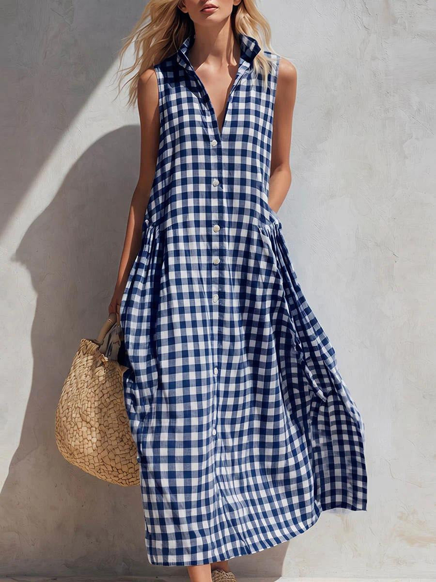 Vestido Largo Playa Corte Holgado con cuadros - Azul Marino