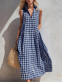 Vestido Largo Playa Corte Holgado con cuadros - Azul Marino