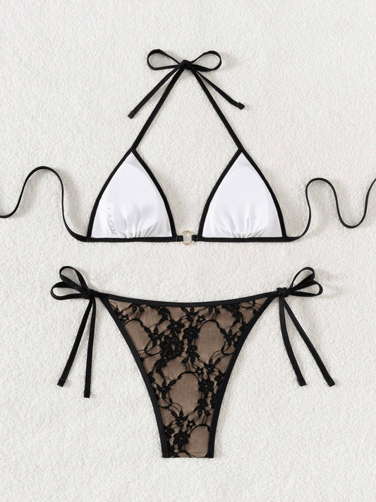 Bikini Sexy con espalda descubierta y encaje - Negro