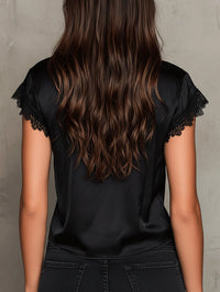 Blusa Sexy Manga Corta con escote en V y paneles de encaje - Negro