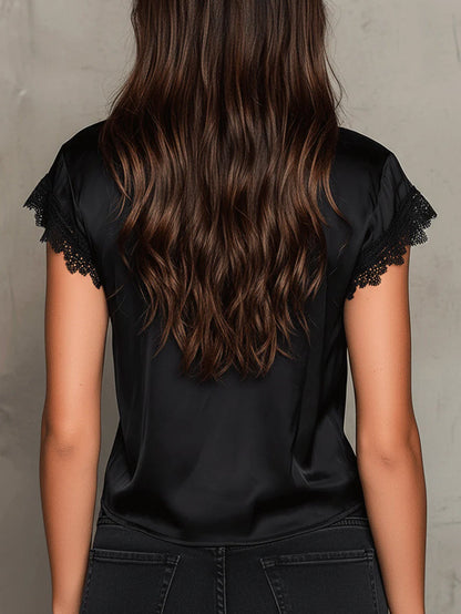 Blusa Sexy Manga Corta con escote en V y paneles de encaje - Negro