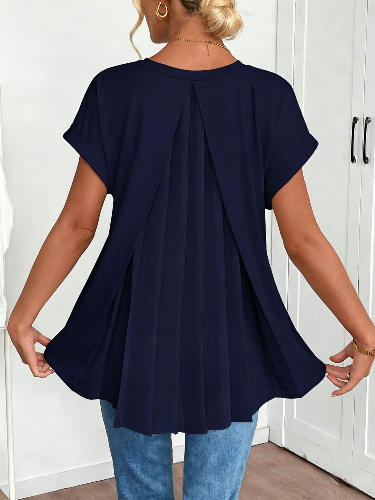 Blusa Manga Corta con escote en V y pliegues - Blanco