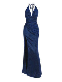Vestido Largo con escote en V, escote halter y abertura - Rojo