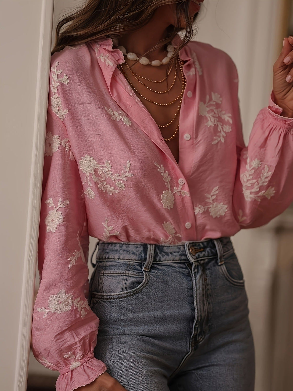 Blusa Manga Larga con bordado y gasa - Azul Marino