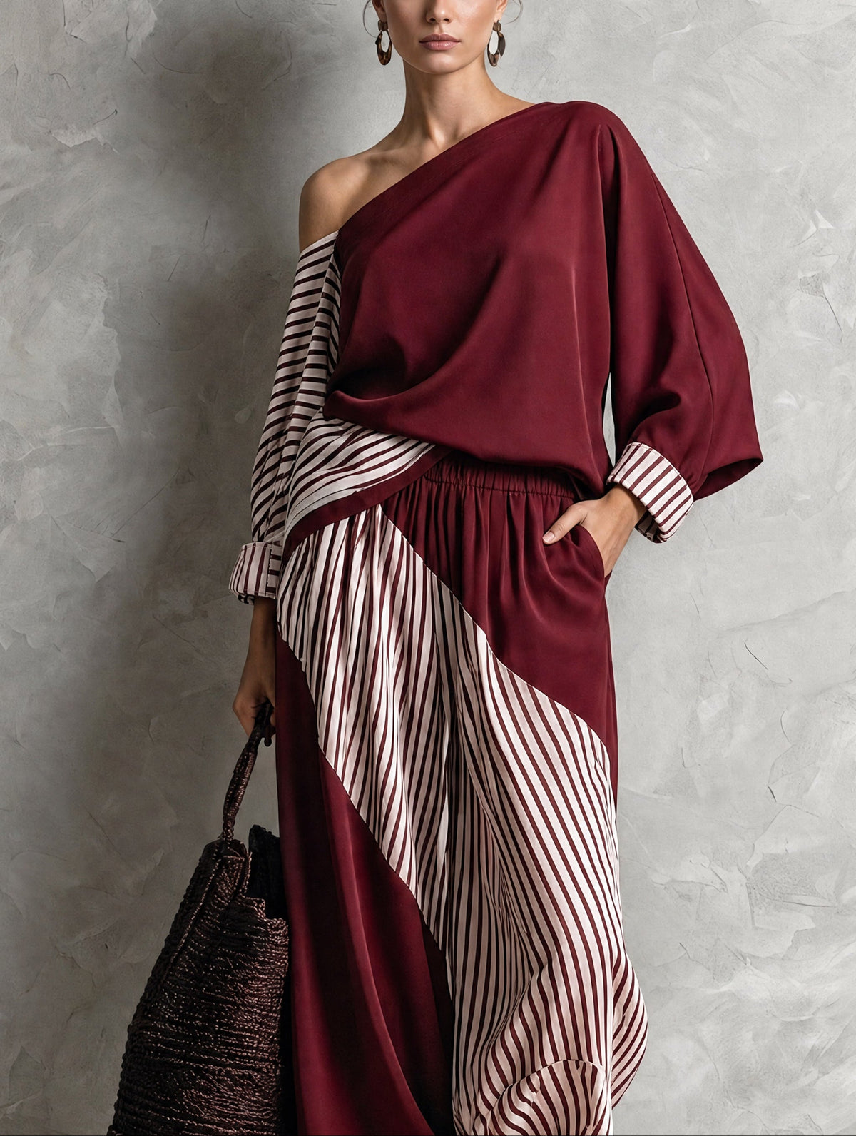 Conjunto de Dos Piezas Elegante Rojo con a rayas y un solo hombro - Rojo