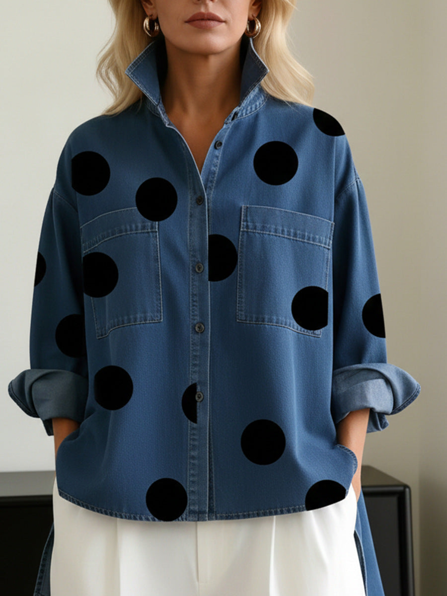Blusa Casual con vaquero, cuello mao y estampado - Azul