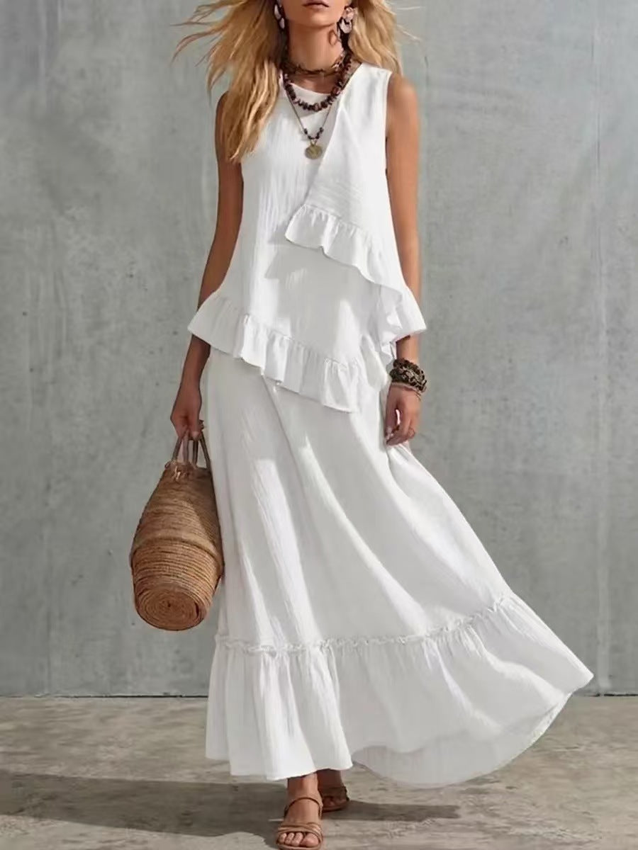 Vestido Largo Sin Mangas con corte asimétrico y liso - Blanco