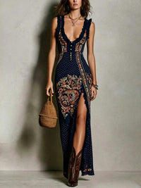 Vestido Estampado Boho con escote en V, abertura alta y estampado - Negro