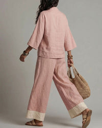 Conjunto con escote en V, color block y pierna ancha - Rosa
