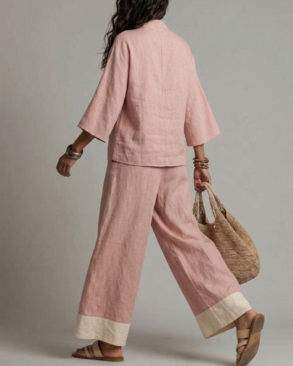 Conjunto con escote en V, color block y pierna ancha - Rosa