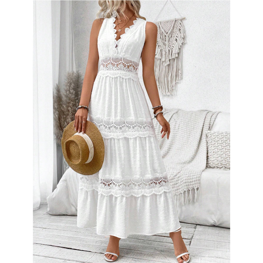 Vestido Largo Blanco Sin Mangas con paneles de encaje y escote en V - Blanco