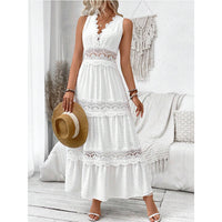 Vestido Largo Blanco Sin Mangas con paneles de encaje y escote en V - Blanco