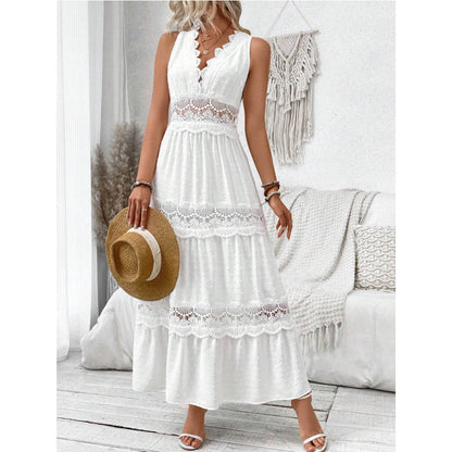 Vestido Largo Blanco Sin Mangas con paneles de encaje y escote en V - Blanco