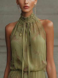Minivestido Verde con lazada en la cintura, gasa y floral - Verde