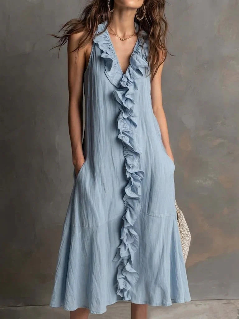Vestido de Verano Sin Mangas con escote en V, volante y liso - Albaricoque