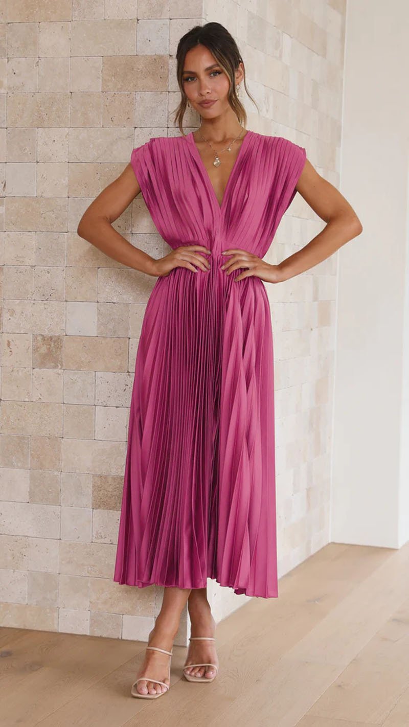 Vestido Midi Elegante con satén, plisado, escote en V y caída fluida - Morado