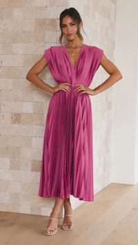 Vestido Midi Elegante con satén, plisado, escote en V y caída fluida - Morado