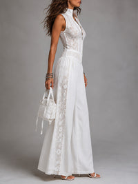Mono Vintage Blanco con cuello mao, pierna ancha y encaje - Blanco