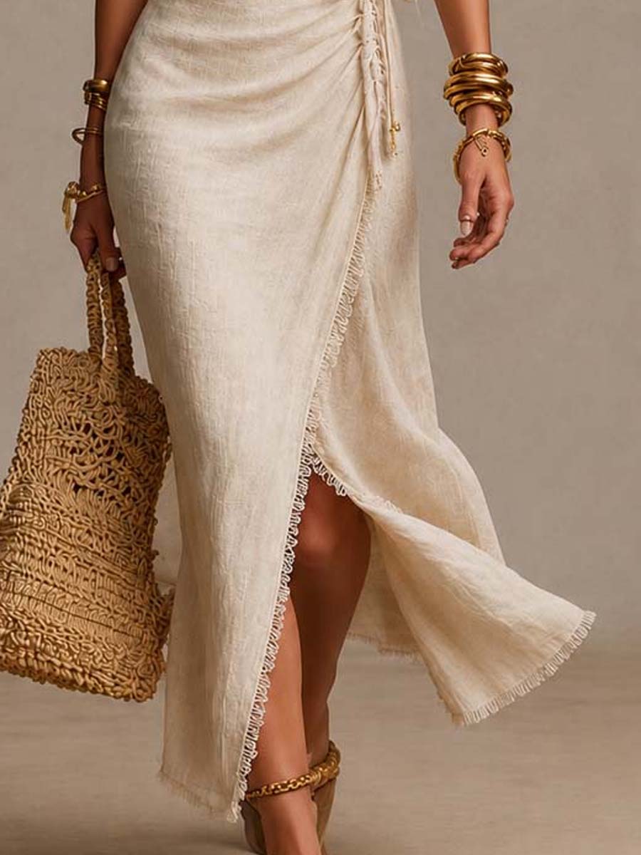 Vestido Largo Beige con lino, cruzado y remate de encaje - Beige