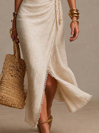 Vestido Largo Beige con lino, cruzado y remate de encaje - Beige