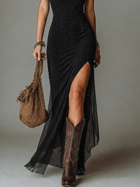 Vestido Largo Boho Negro con abertura y un solo hombro - Negro