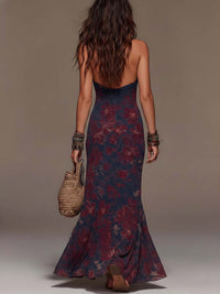 Vestido Estampado Retro Azul Marino con encaje, escote halter y floral - Azul Marino
