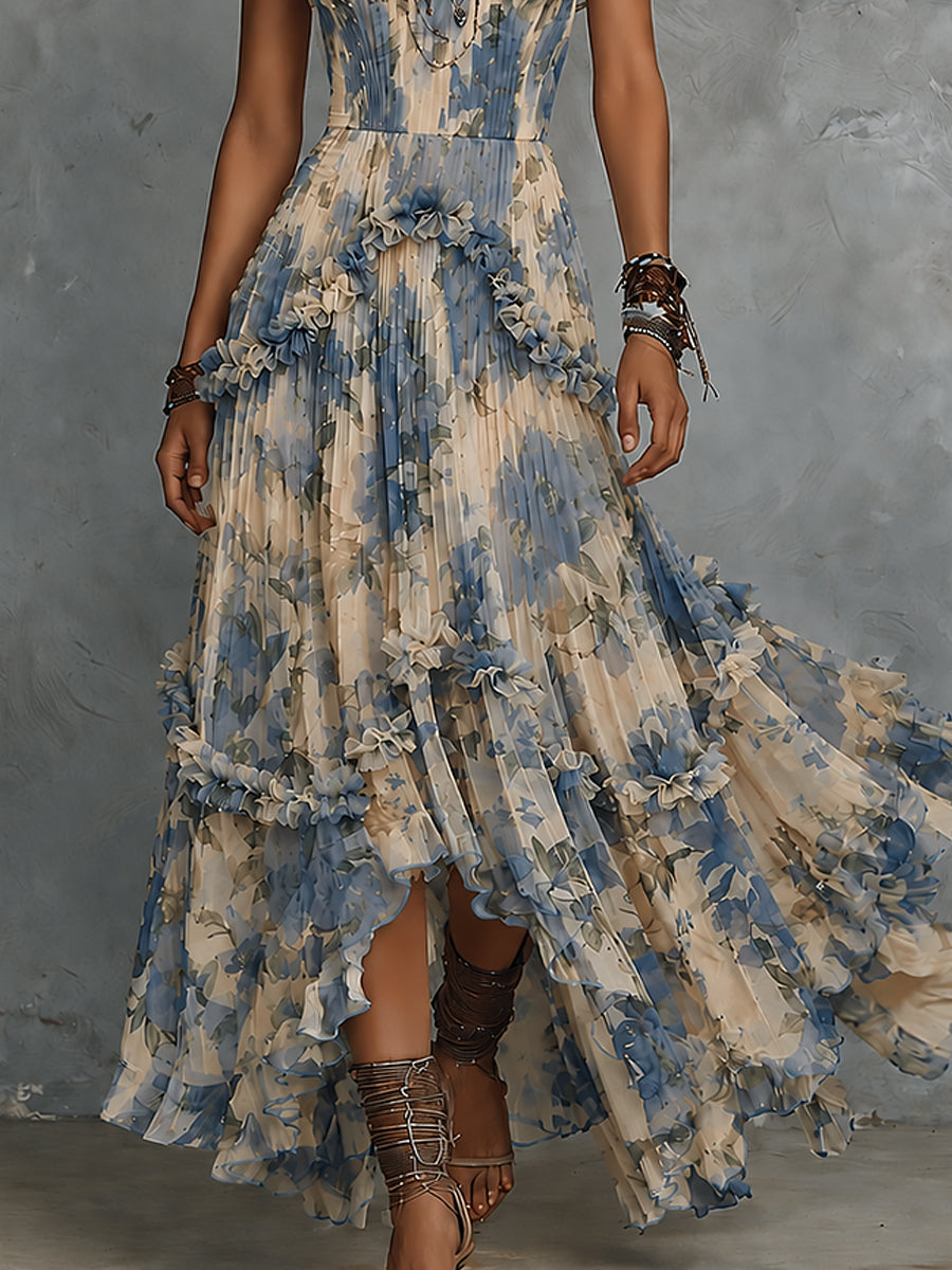 Vestido Estampado Elegante Azul con palabra de honor, gasa, volantes y estampado - Azul