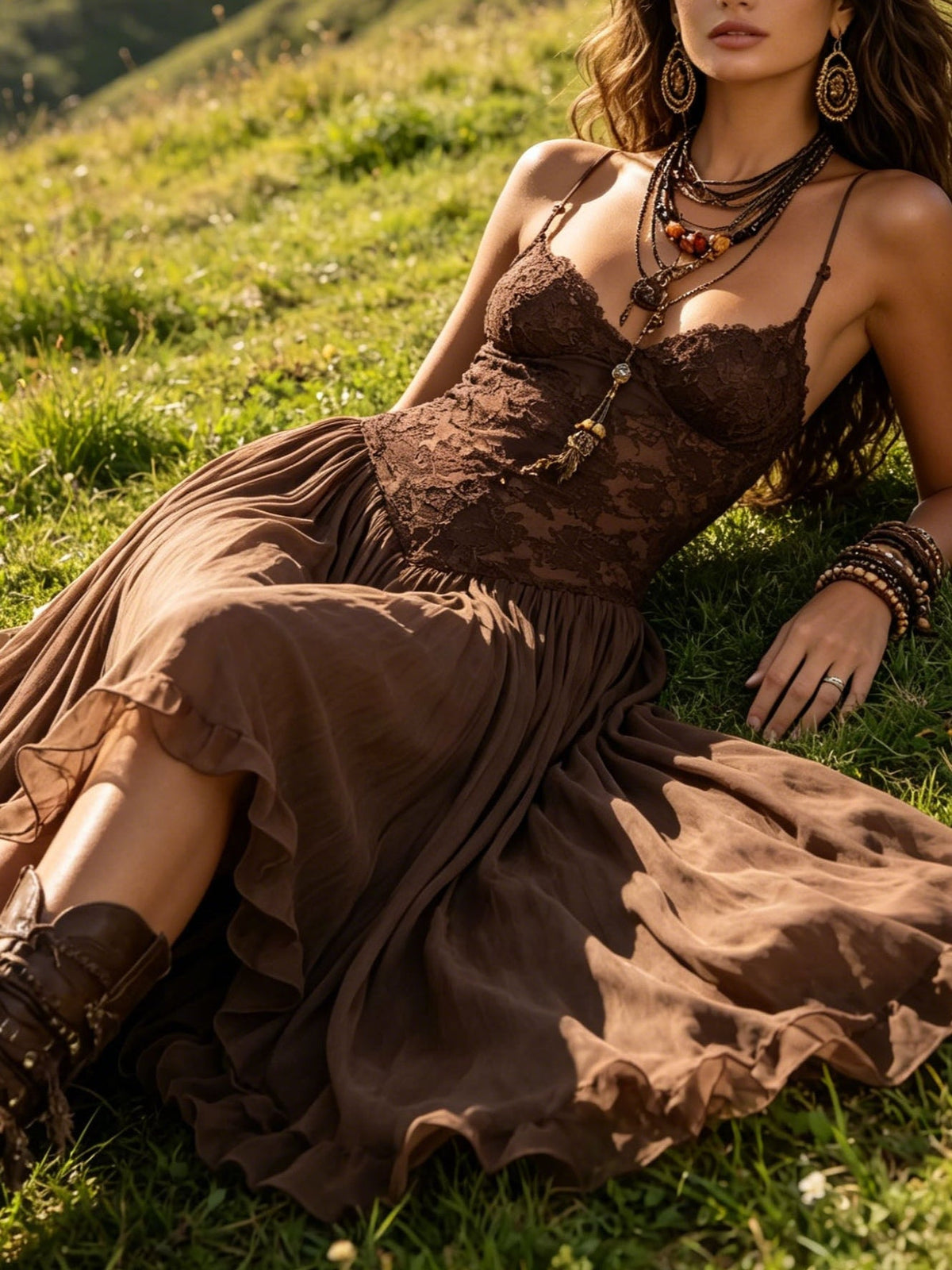 Vestido Largo Marrón con paneles de encaje y gasa - Marrón
