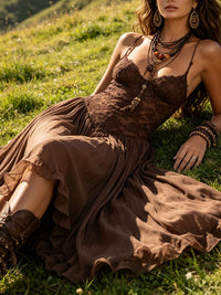 Vestido Largo Marrón con paneles de encaje y gasa - Marrón