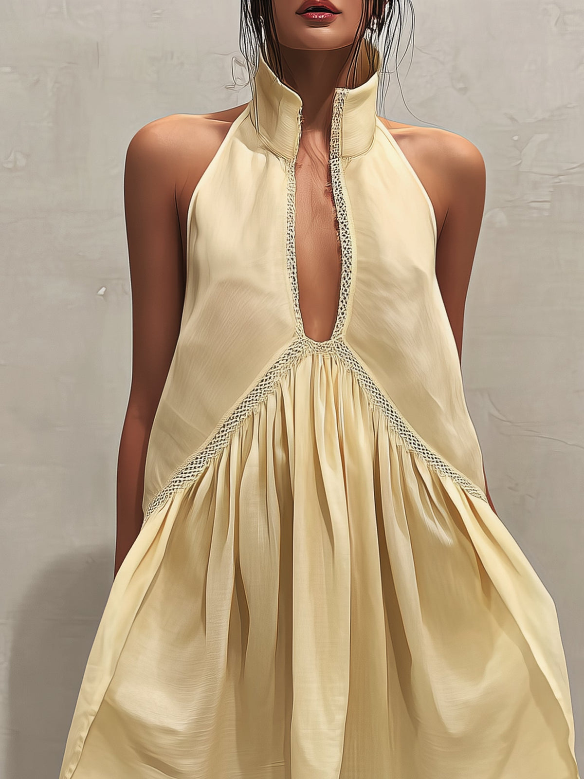 Minivestido Amarillo Sin Mangas con escote en V y remate de encaje - Amarillo