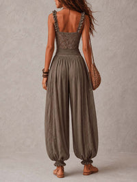 Conjunto de Pantalón con encaje, plisado y algodón - Beige