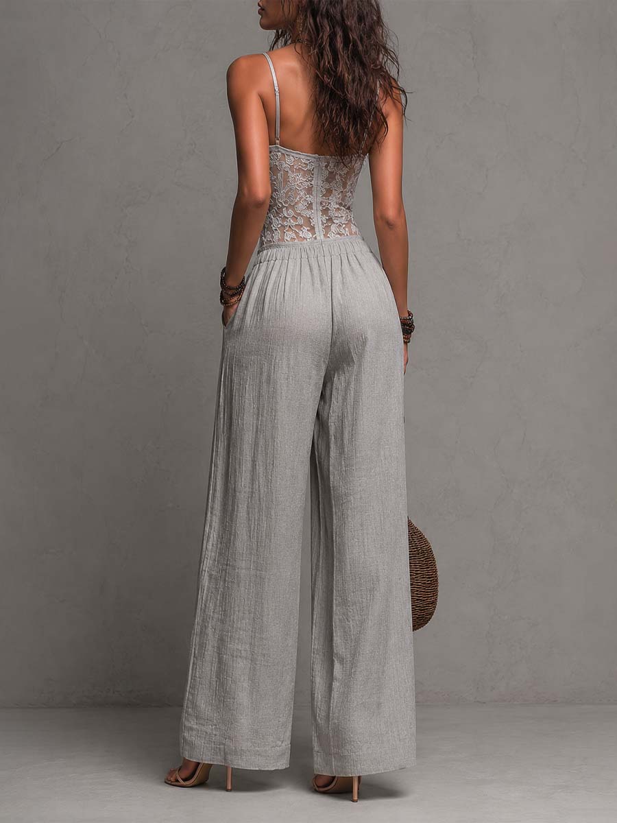 Mono Boho Gris con remate de encaje, plisado y pierna ancha - Gris