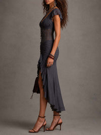 Vestido Midi Gris Oscuro con plisado y encaje - Gris Oscuro