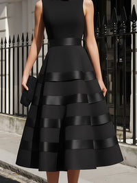 Vestido Midi Elegante Negro Sin Mangas con volantes escalonados - Negro