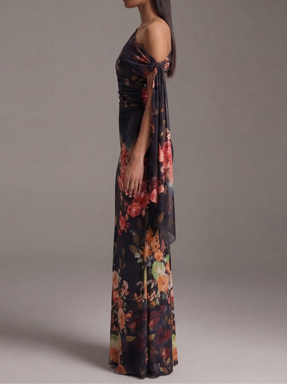 Vestido Estampado Negro con un solo hombro, plisado, gasa y estampado - Negro