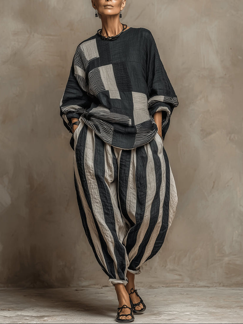 Conjunto de Pantalón Casual Negro Manga Larga con color block y estampado - Negro