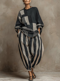 Conjunto de Pantalón Casual Negro Manga Larga con color block y estampado - Negro