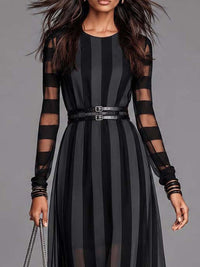 Vestido Largo Negro Manga Larga con a rayas, malla y cinturón - Negro