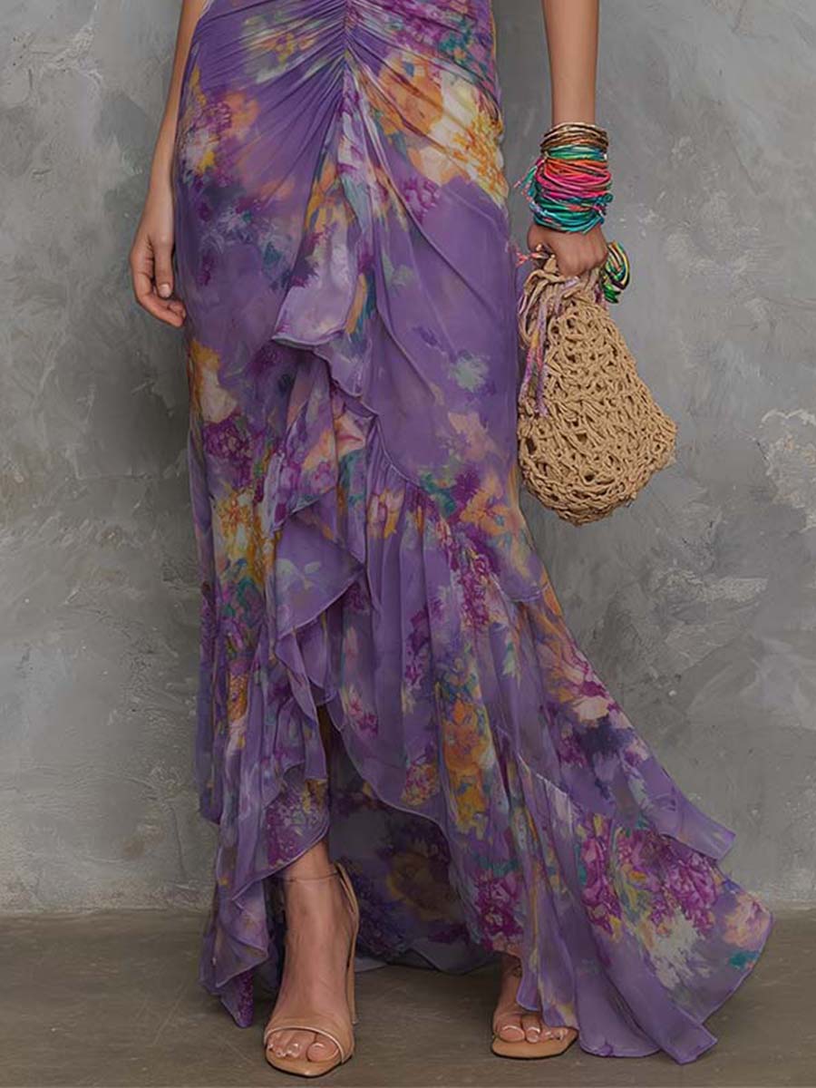 Vestido Estampado Elegante Morado con gasa, escote halter y floral - Morado
