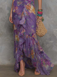 Vestido Estampado Elegante Morado con gasa, escote halter y floral - Morado
