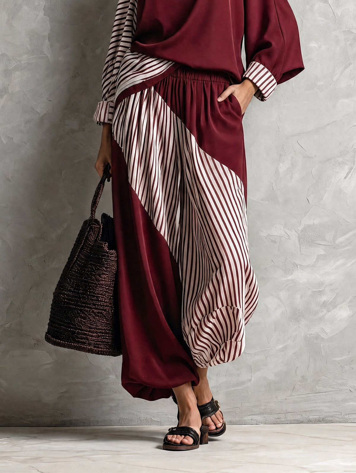 Conjunto de Dos Piezas Elegante Rojo con a rayas y un solo hombro - Rojo