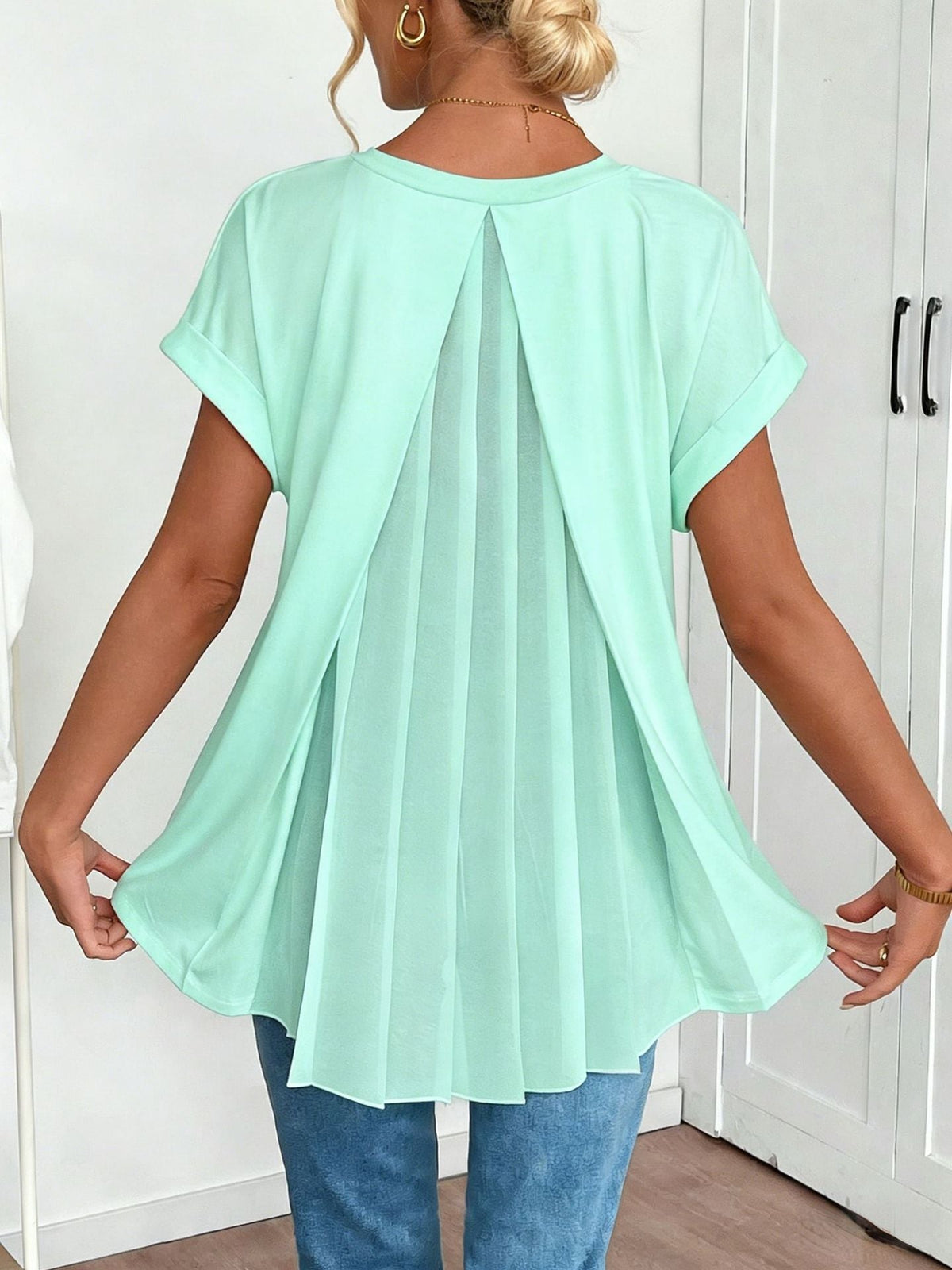 Blusa Manga Corta con escote en V y pliegues - Blanco