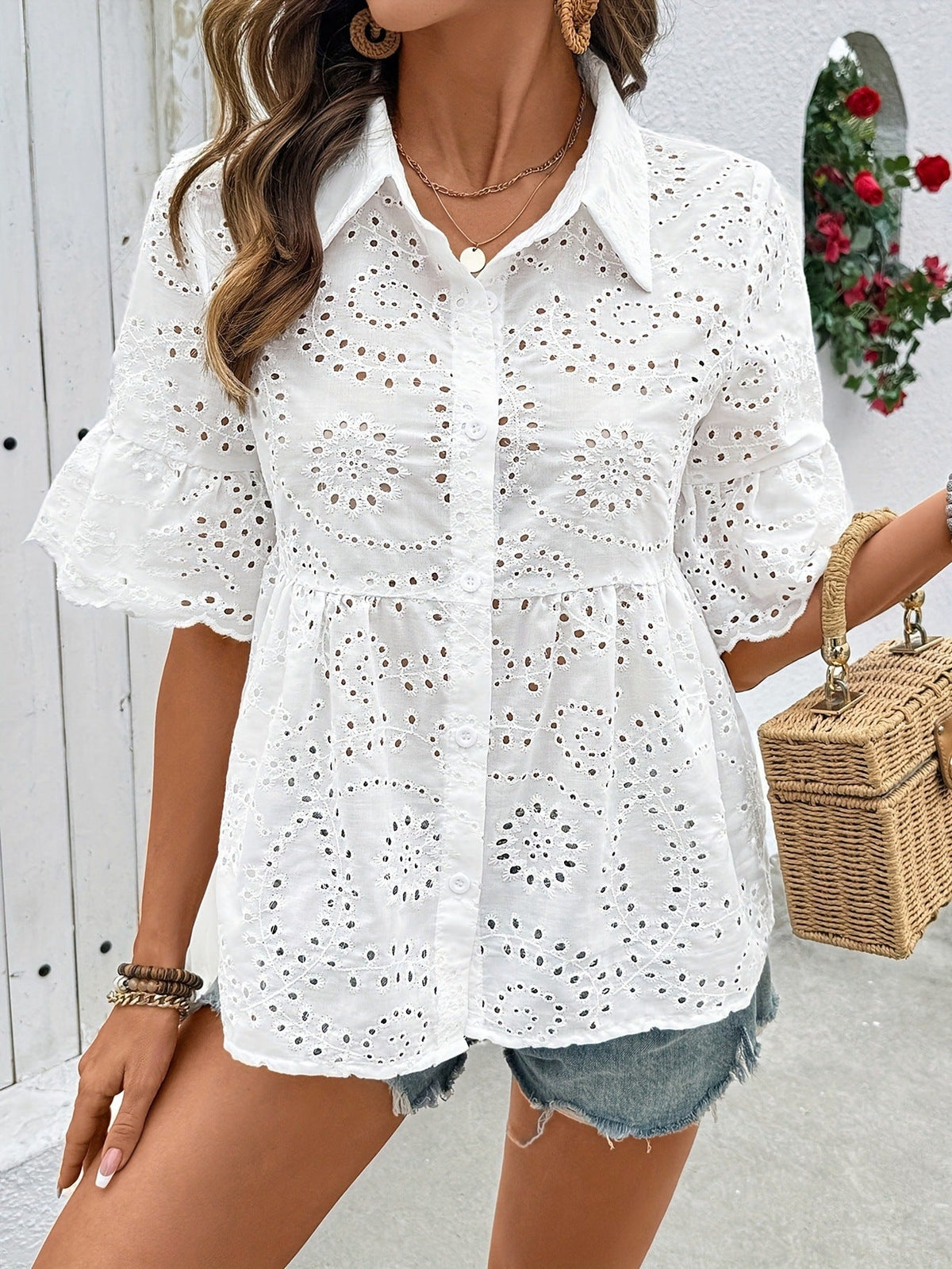 Blusa Blanco Manga Corta con calado y bordado - Blanco