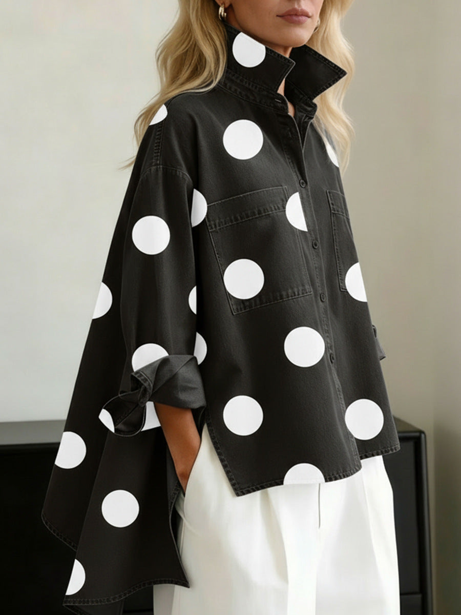 Blusa Casual con vaquero, cuello mao y estampado - Azul