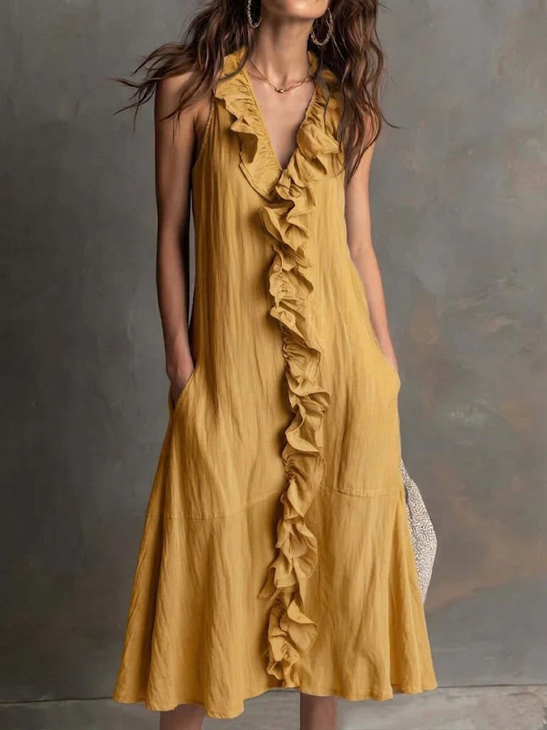 Vestido de Verano Sin Mangas con escote en V, volante y liso - Albaricoque